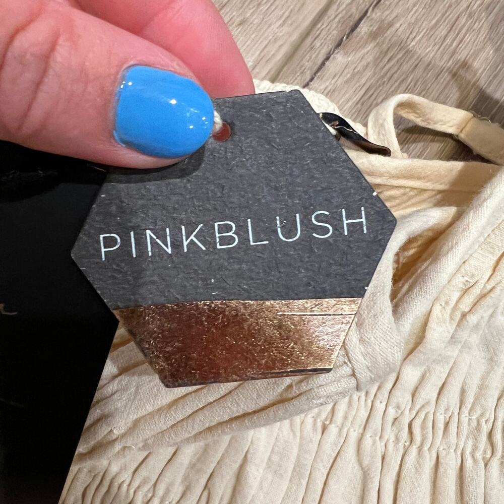 PINKBLUSH Women's Cream Embroidered Smocked Shoulder Tie Maternity Dress Size S - Picture 9 of 11